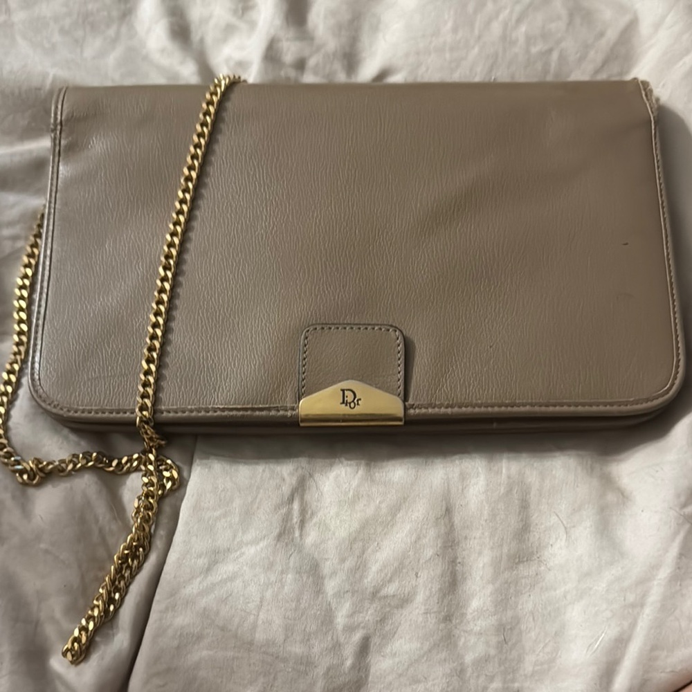 Dior Vintage Tan and Gold Clutch with Chain Strap FLAWED